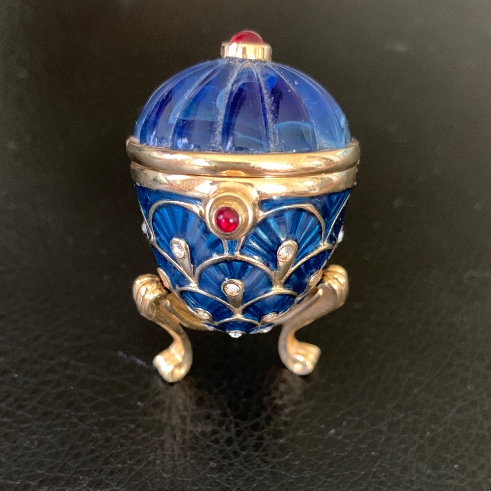 Blue 22K Gold Plated Enamel Jeweled Egg Trinket Box